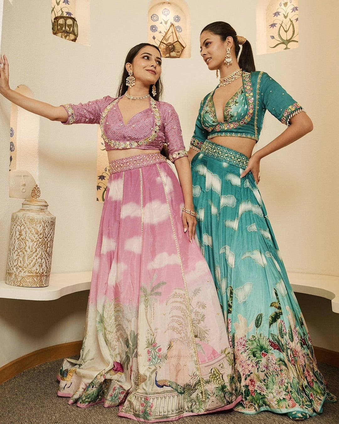 Full floral print, orange dupatta, choli-style flared lehenga (approx. 9 metre flare)