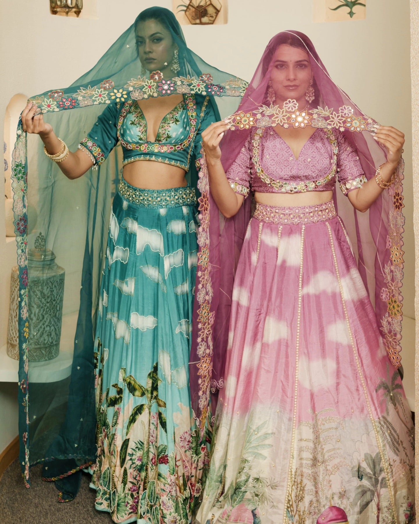 Full floral print, orange dupatta, choli-style flared lehenga (approx. 9 metre flare)