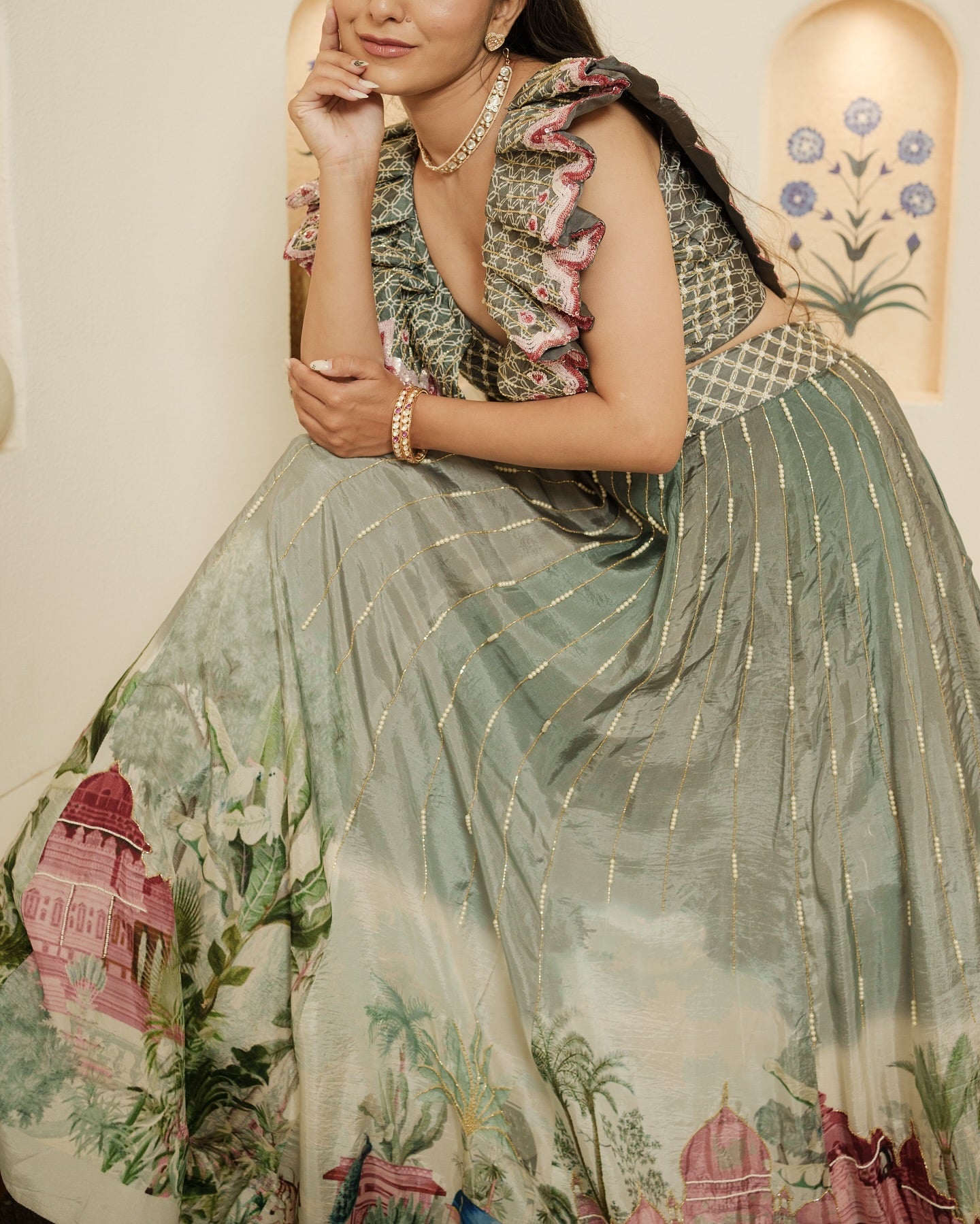 Printed fabric, 3D flower-petal blouse, fully flared lehenga