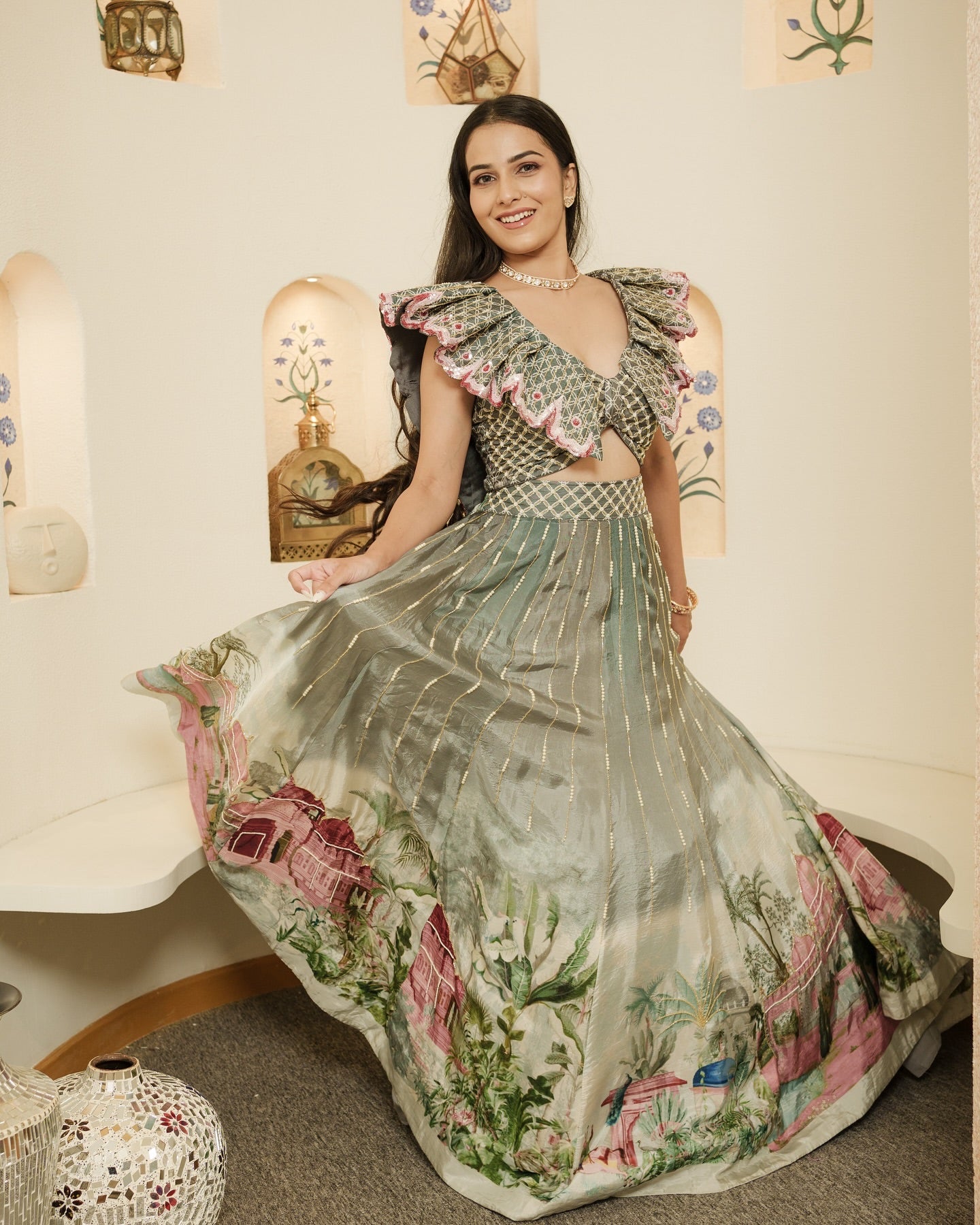 Printed fabric, 3D flower-petal blouse, fully flared lehenga