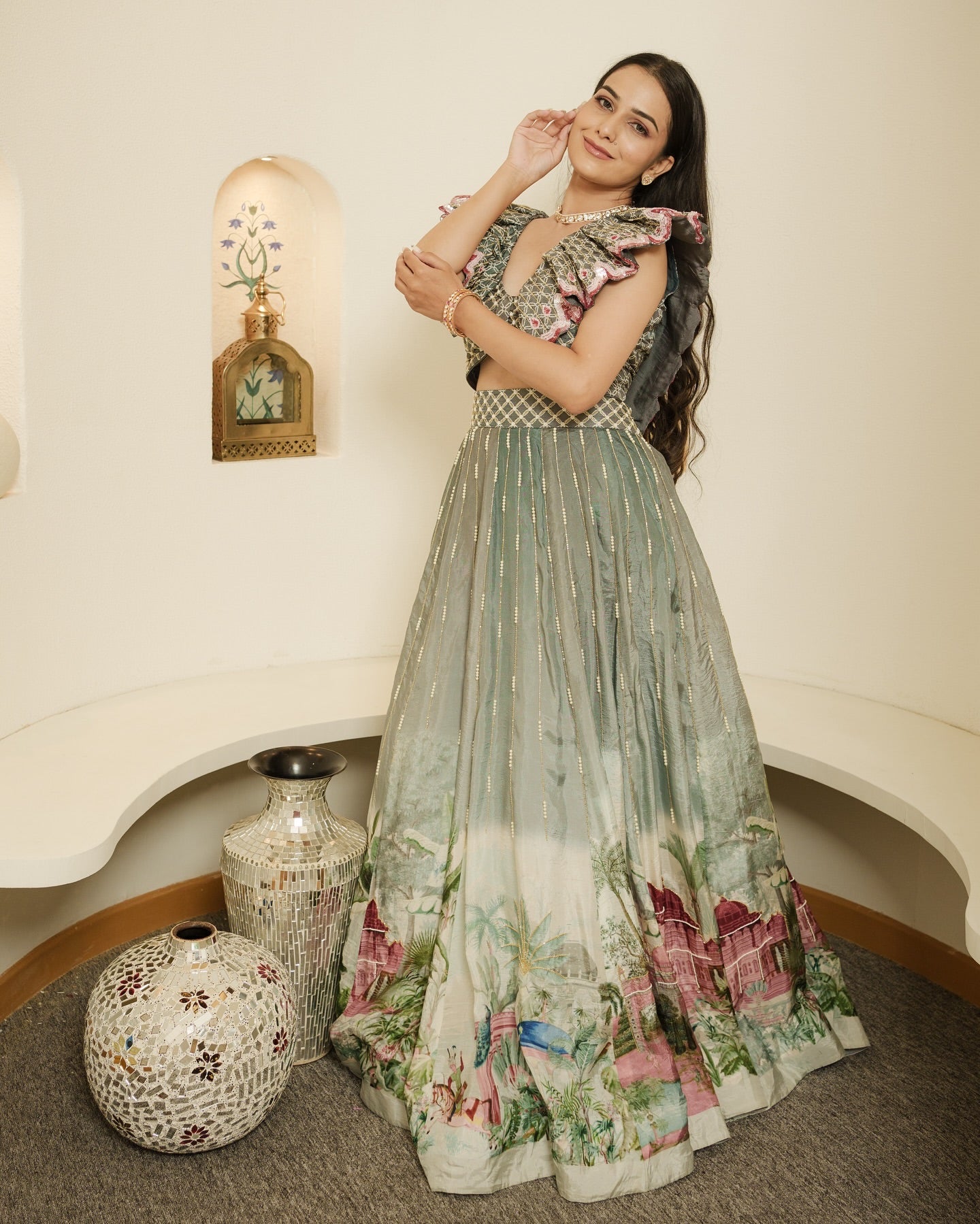 Printed fabric, 3D flower-petal blouse, fully flared lehenga