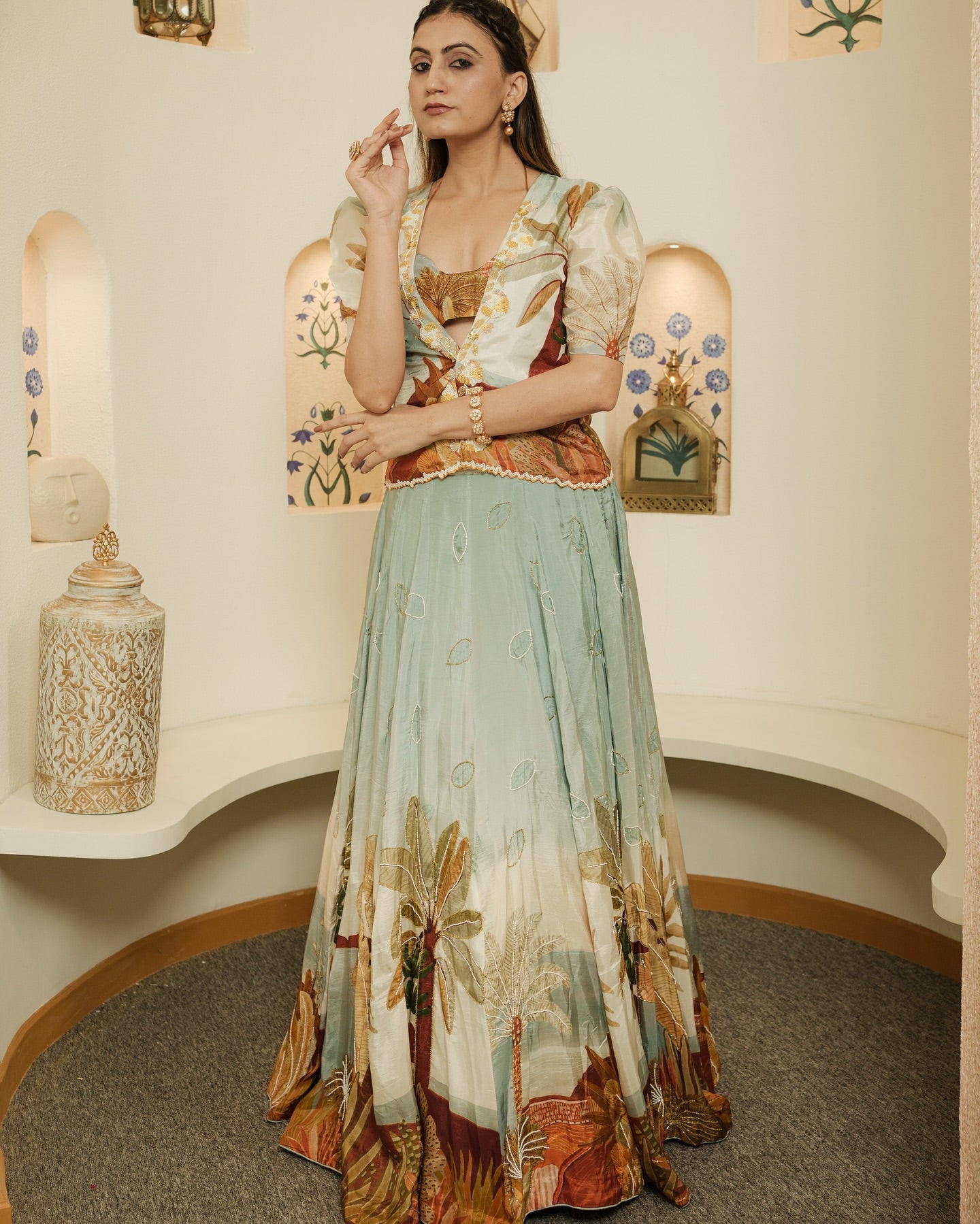 Farm look print, lehenga,  carnival theme