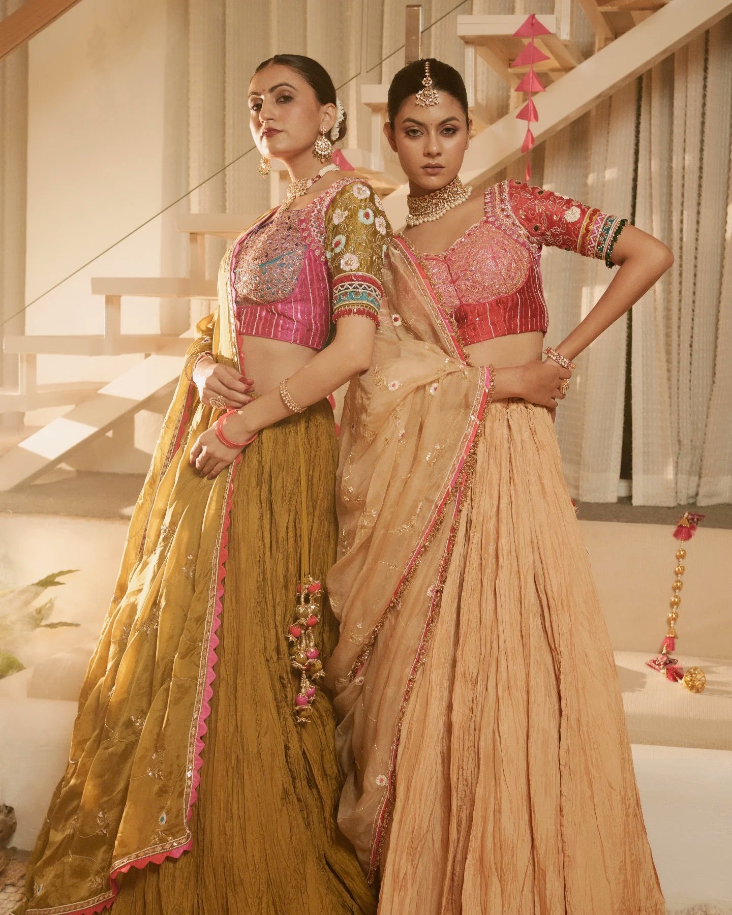 Multi-colour blouse, choli cut, crushed-fabric lehenga