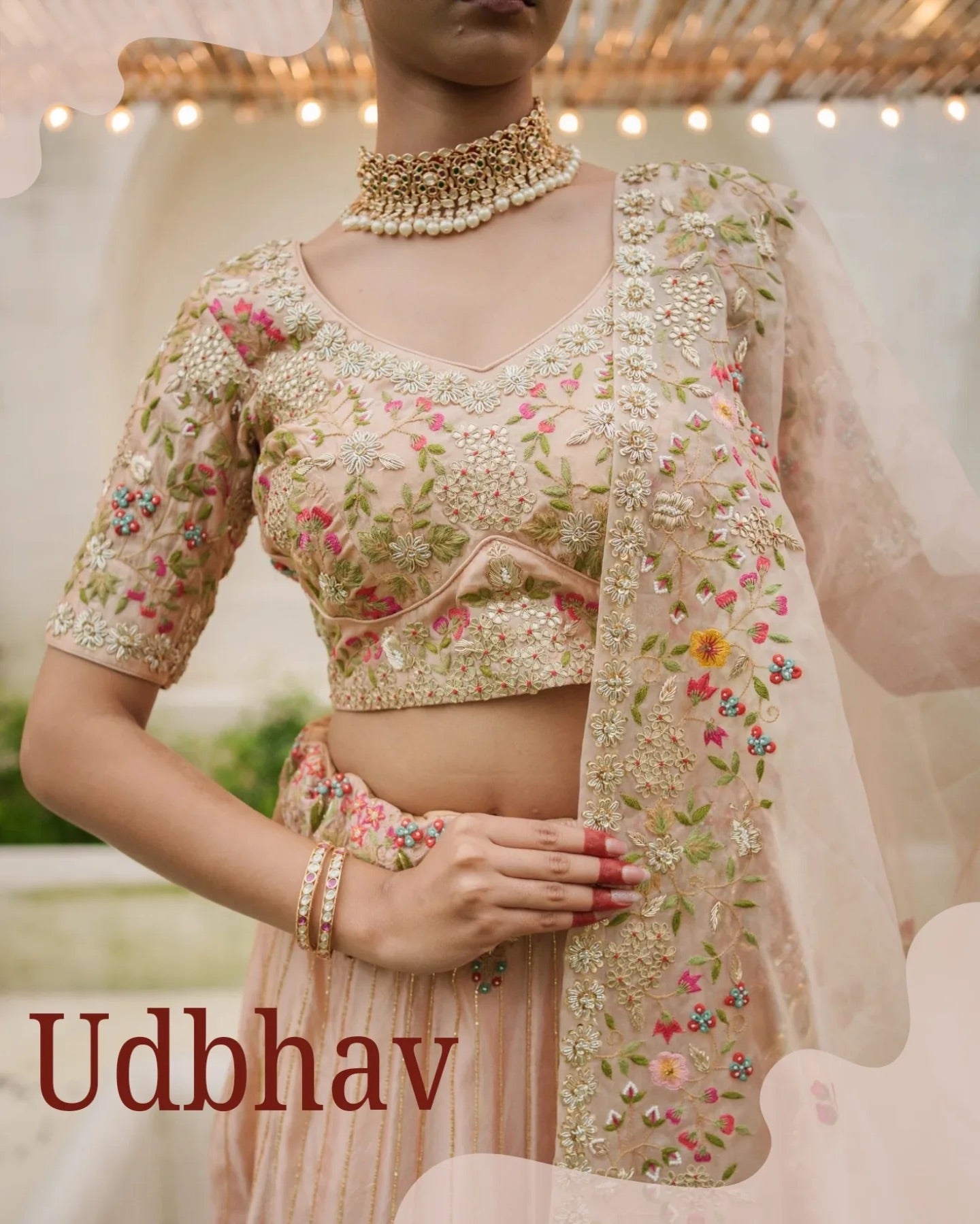 Silk lehenga, all-over hand work — recommended for Roka/engagement