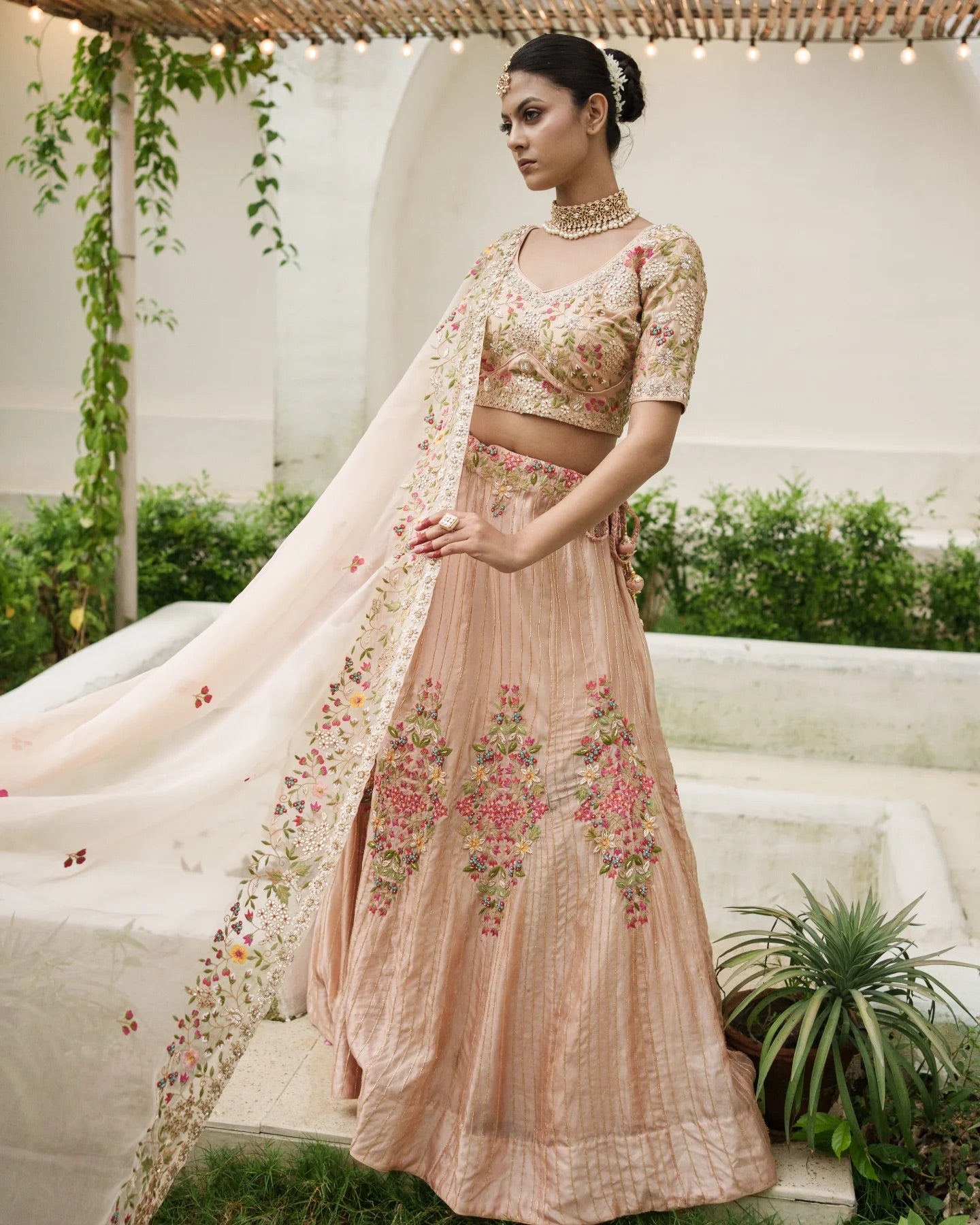 Silk lehenga, all-over hand work — recommended for Roka/engagement