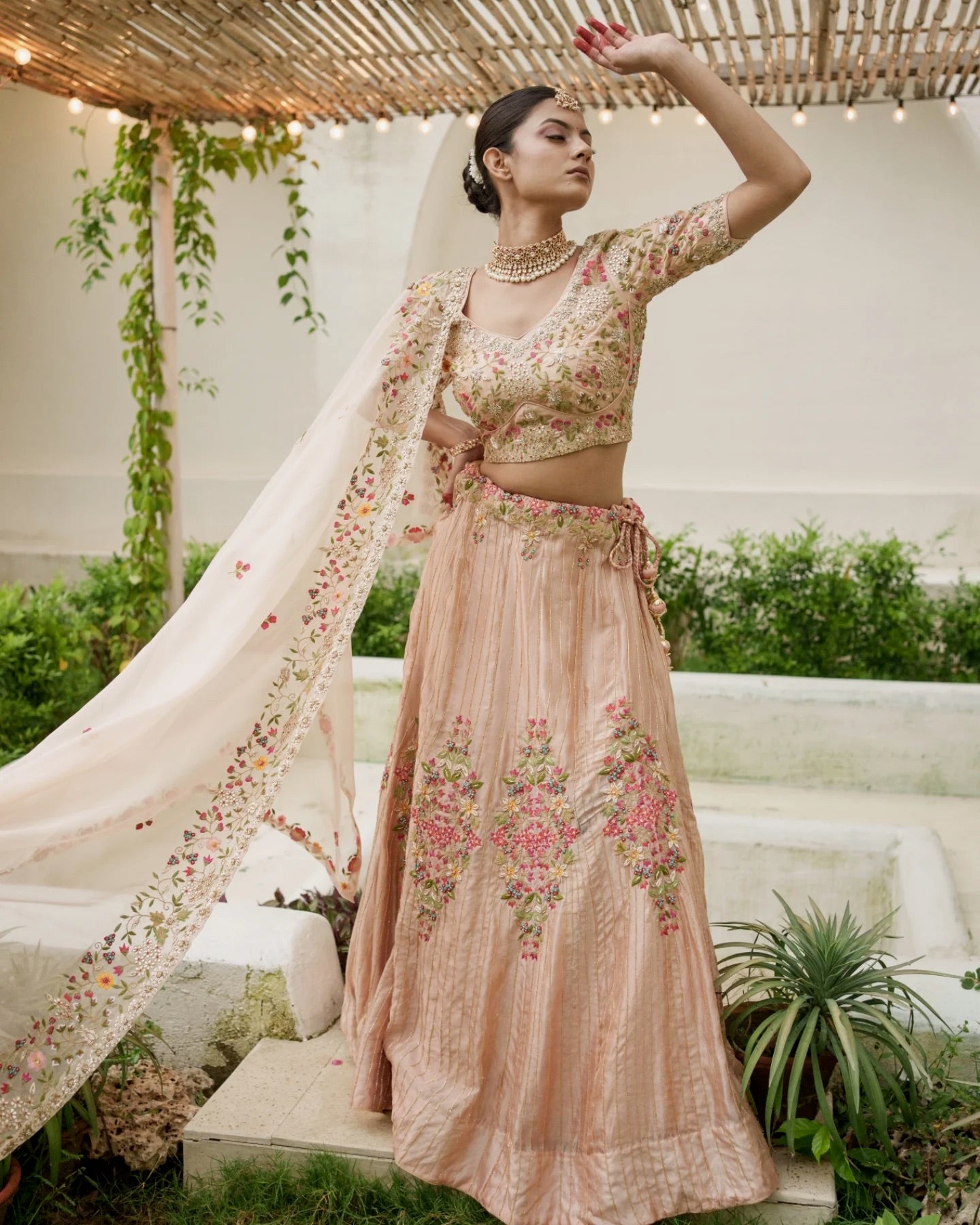 Silk lehenga, all-over hand work — recommended for Roka/engagement
