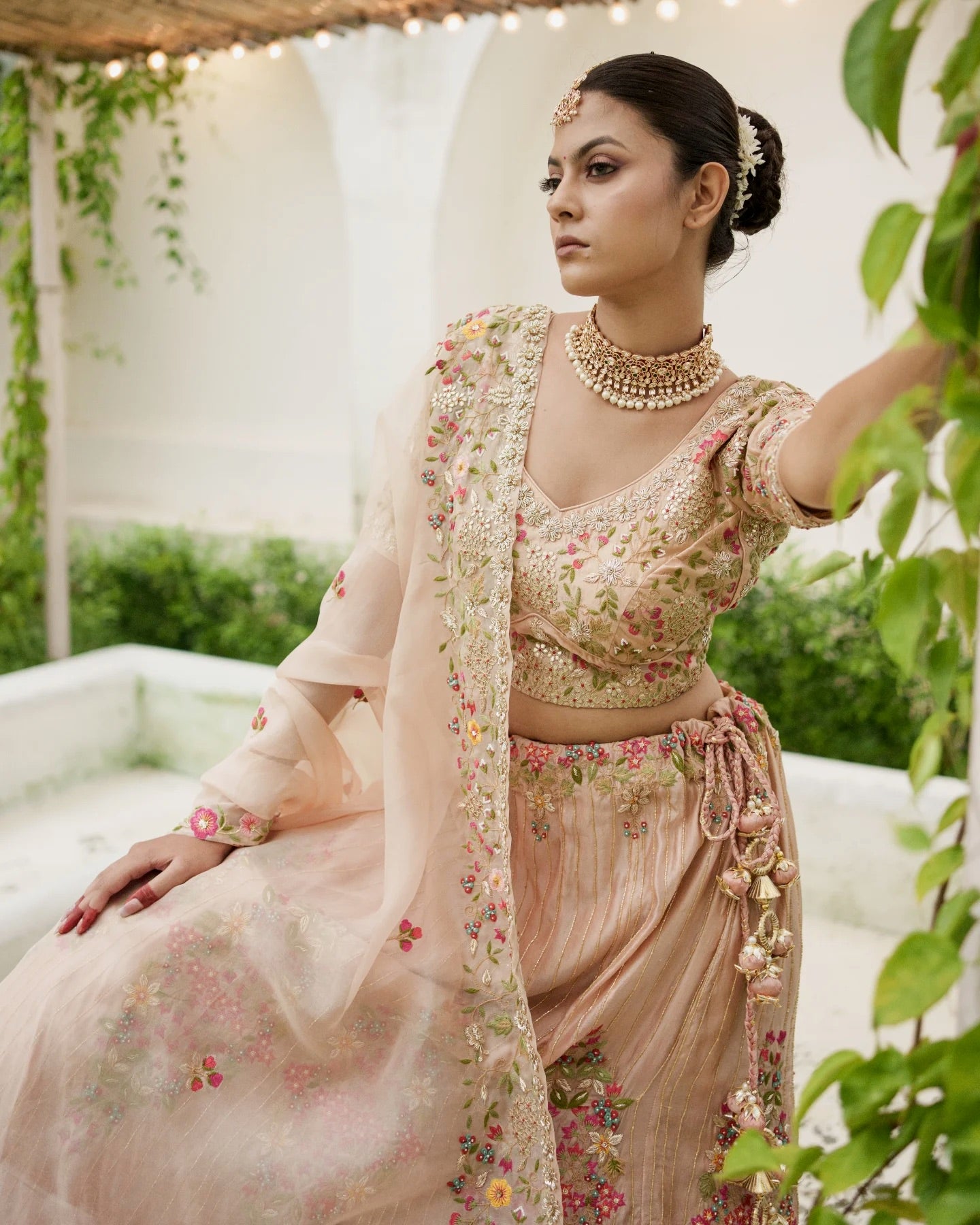 Silk lehenga, all-over hand work — recommended for Roka/engagement
