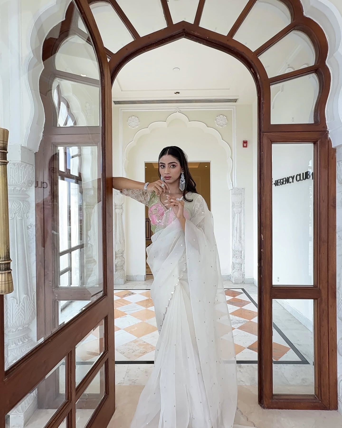 Choli-cut blouse, coarse/net-weave saree