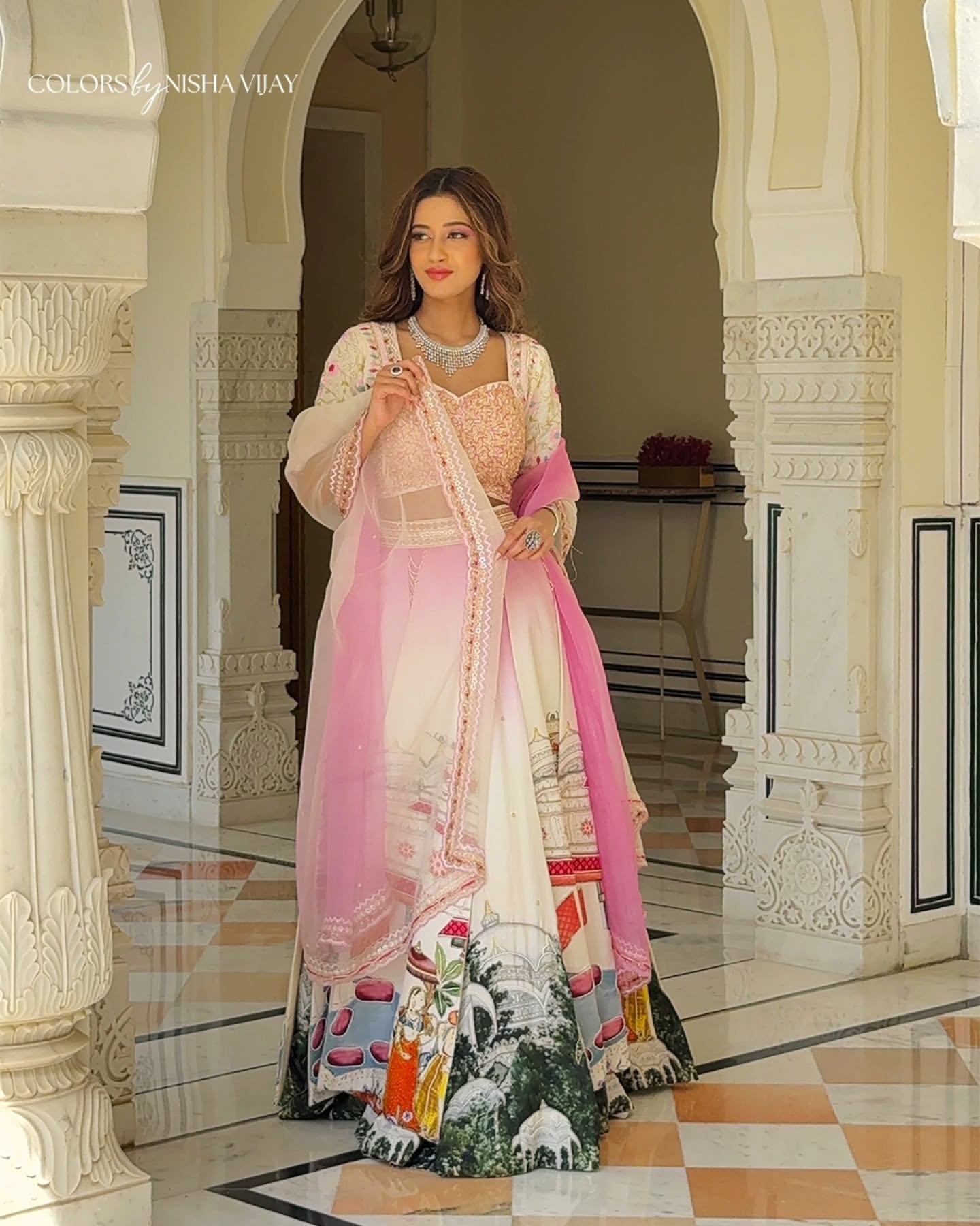 Double-layer lehenga, Vrindavan theme, best suited for a bride