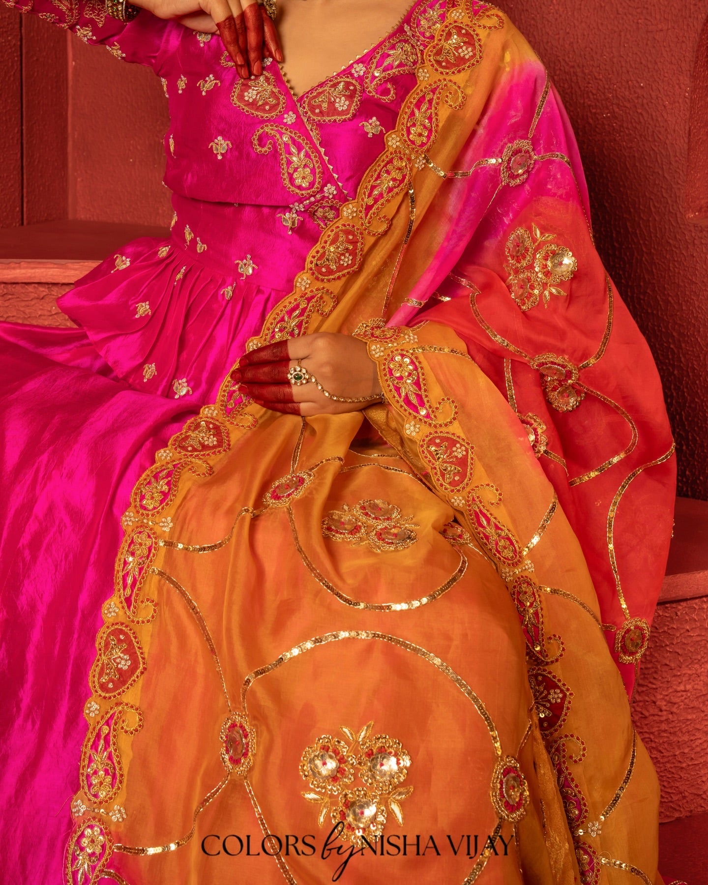 Dupatta with jaal work over plain silk lehenga; palazzo-style top