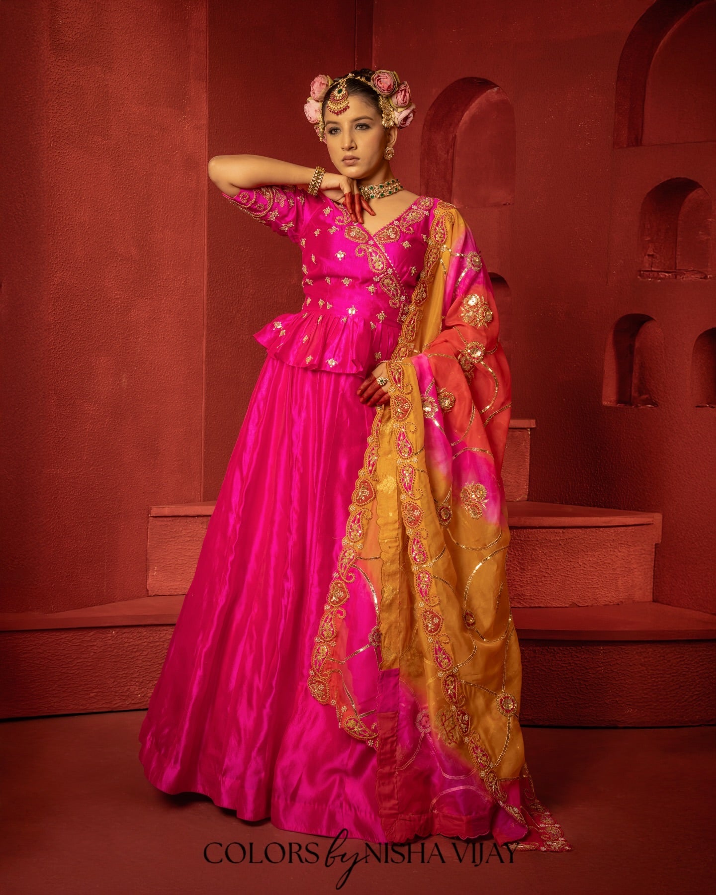 Dupatta with jaal work over plain silk lehenga; palazzo-style top