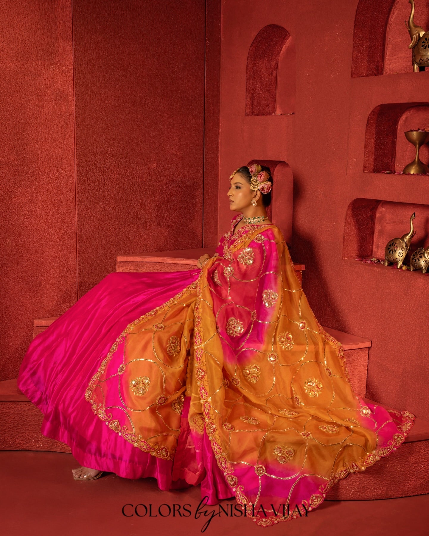 Dupatta with jaal work over plain silk lehenga; palazzo-style top