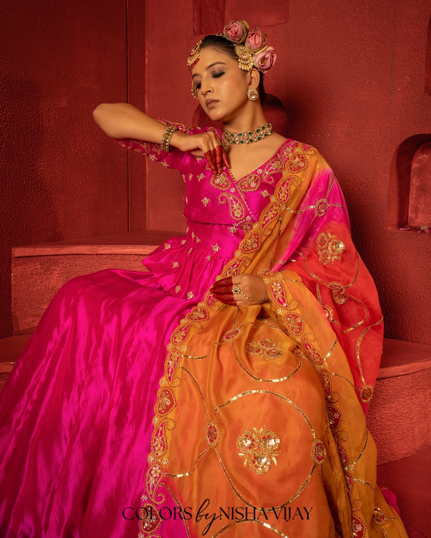 Dupatta with jaal work over plain silk lehenga; palazzo-style top