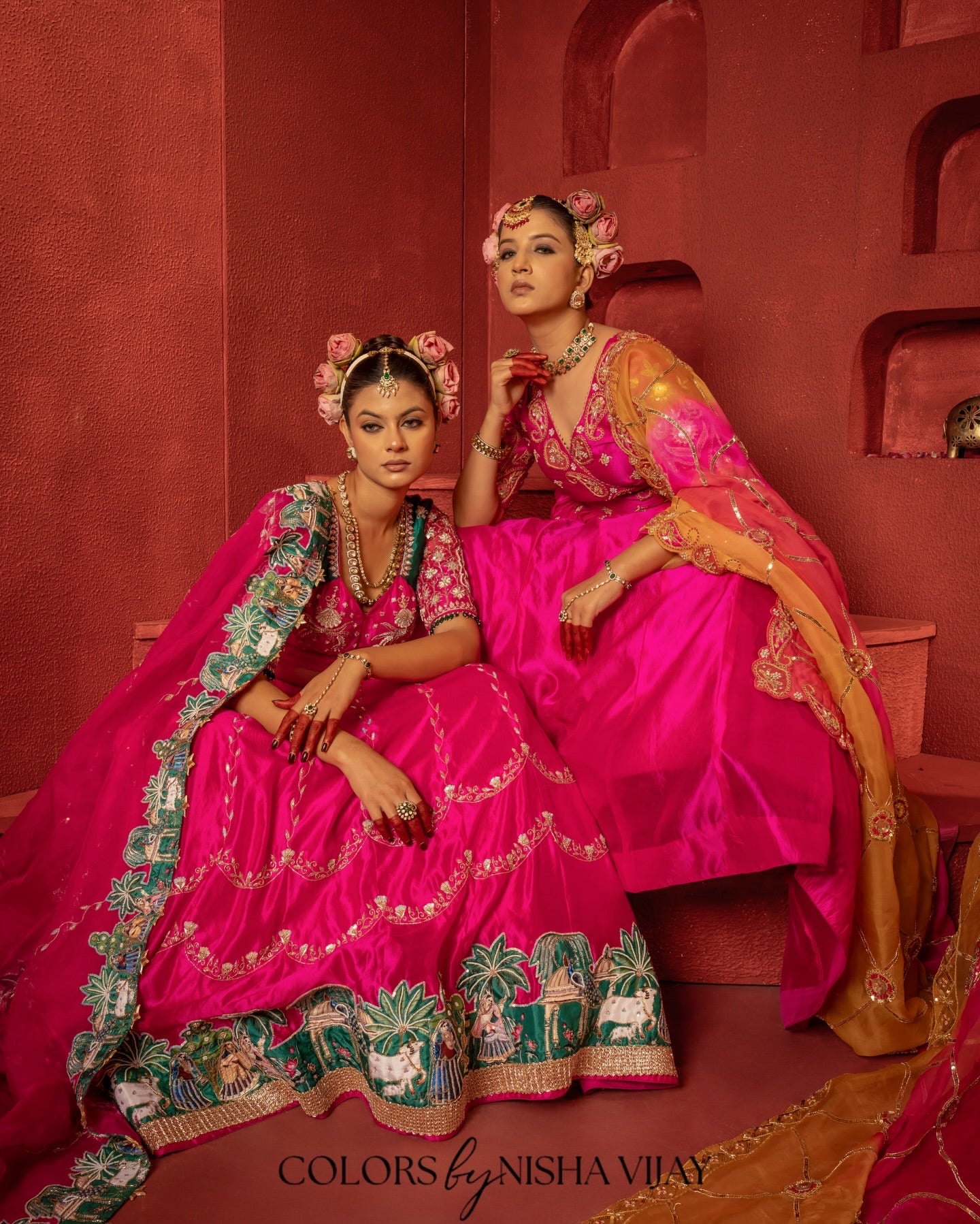 Dupatta with jaal work over plain silk lehenga; palazzo-style top