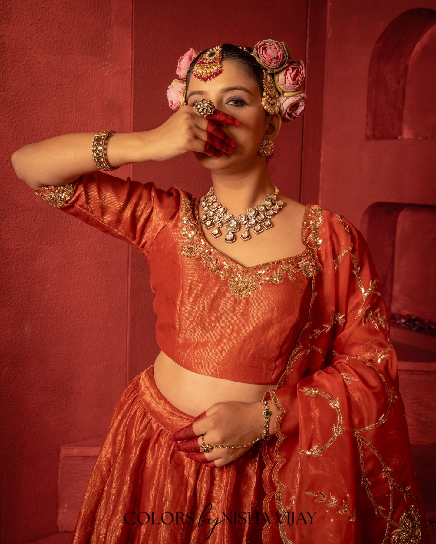 Tissue-fabric lehenga with vintage jaal / aari-taari embroidery; contrast (orange) dupatta