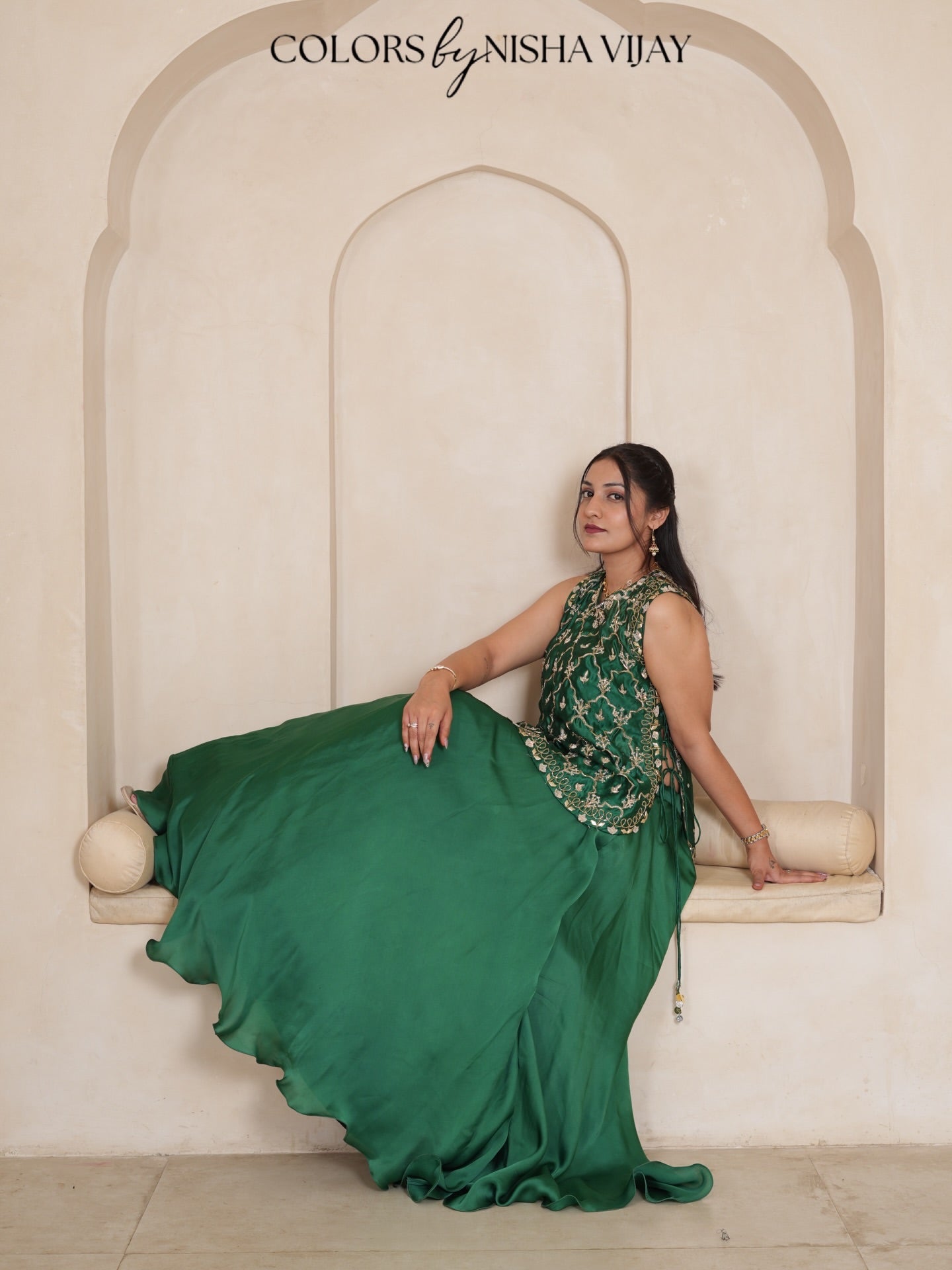 Cap-style blouse; "Add cross" pattern lehenga