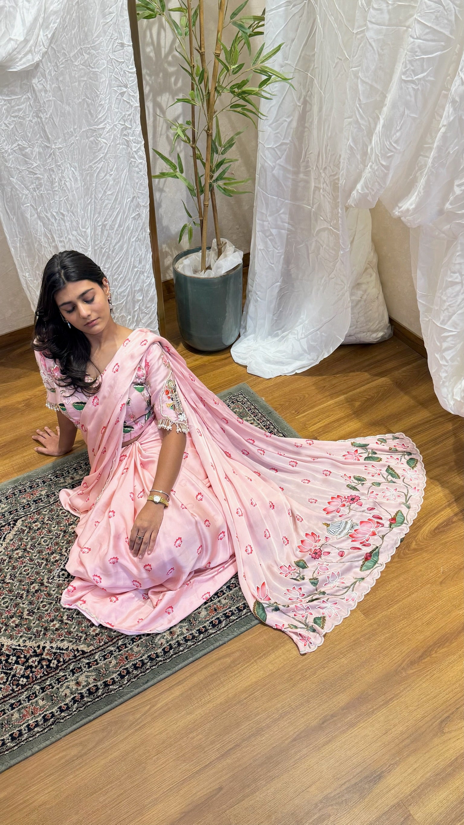 Simple, delicate lehenga/saree with lotus print — southern-style saree