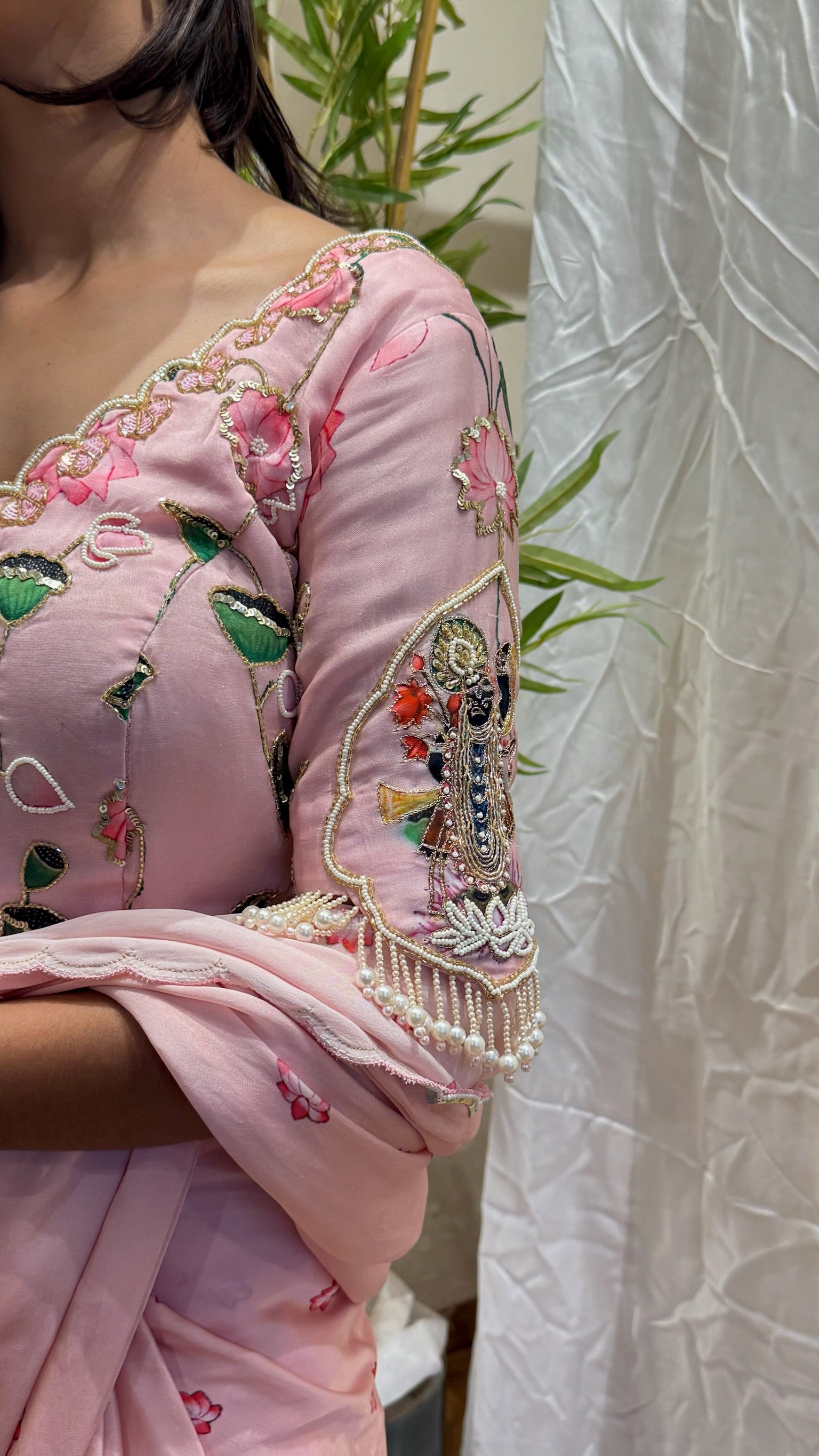 Simple, delicate lehenga/saree with lotus print — southern-style saree