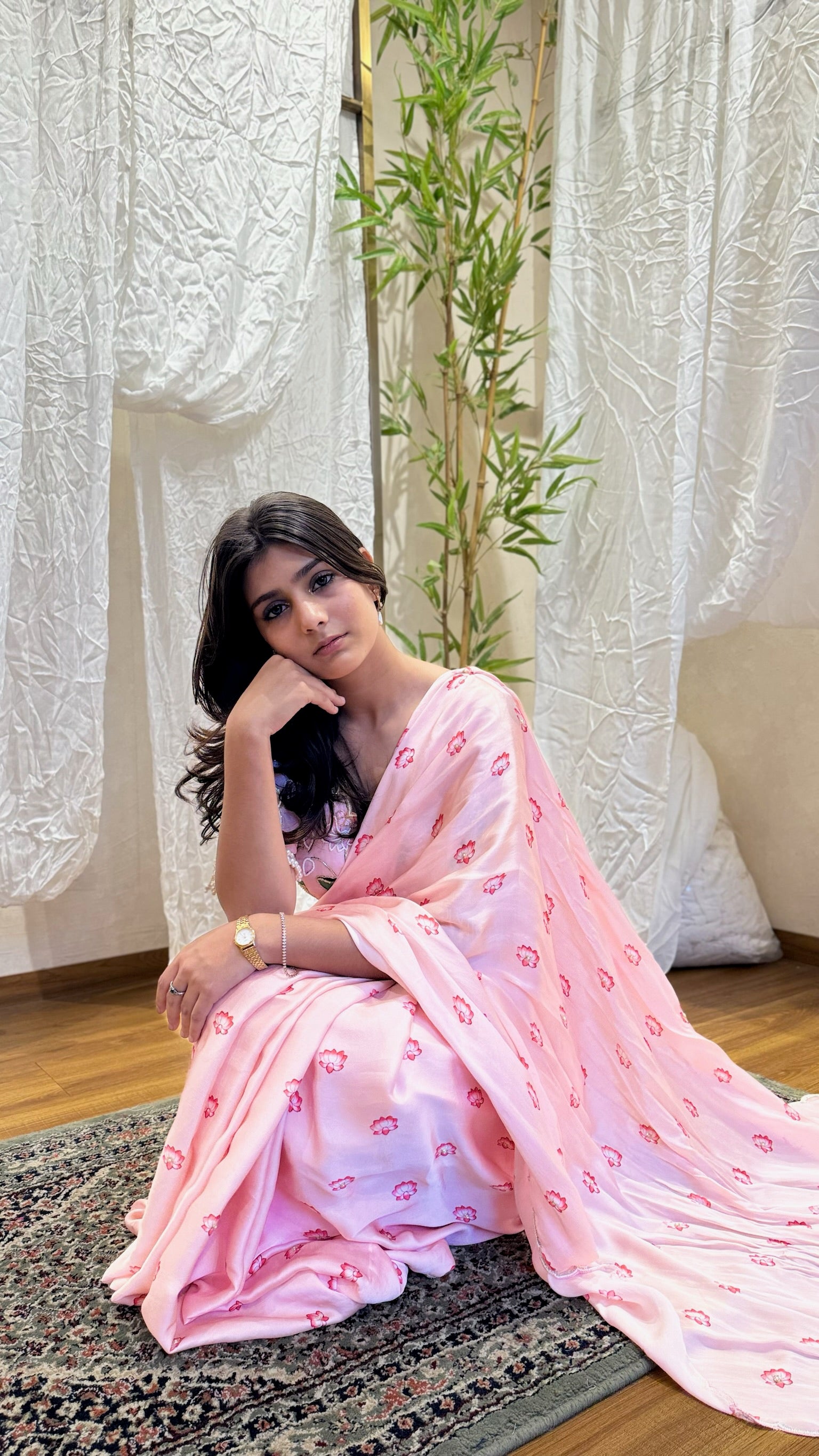 Simple, delicate lehenga/saree with lotus print — southern-style saree