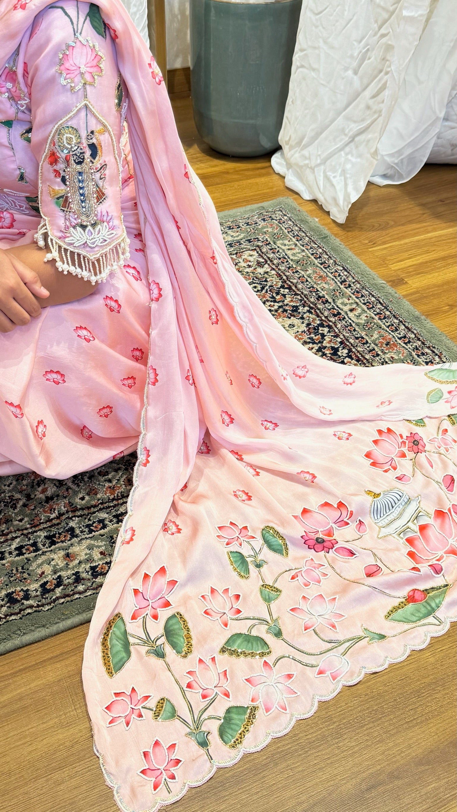 Simple, delicate lehenga/saree with lotus print — southern-style saree