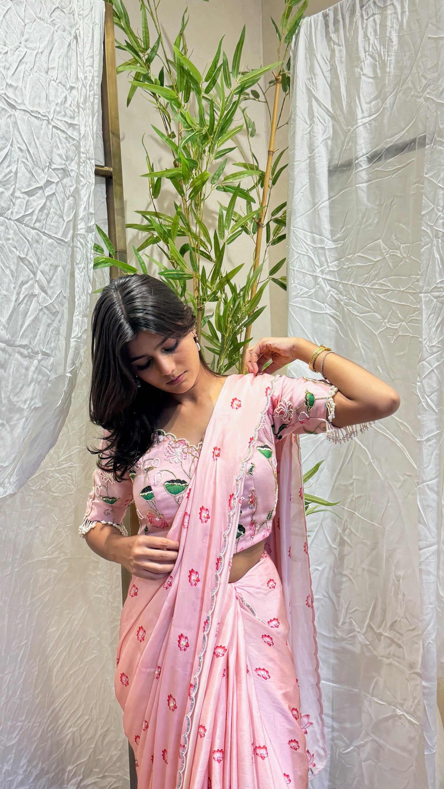 Simple, delicate lehenga/saree with lotus print — southern-style saree