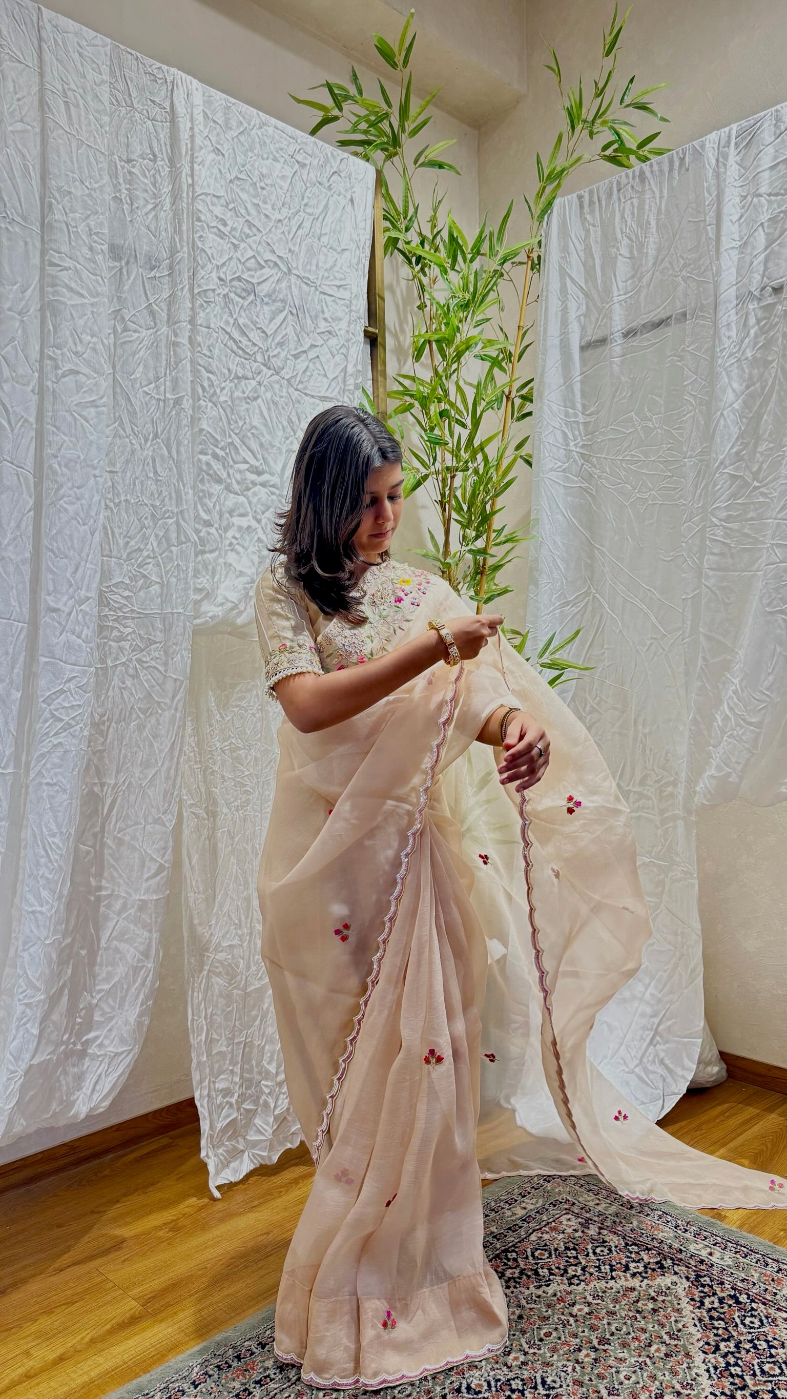 Lehenga-saree style, matching decoration to a paired set
