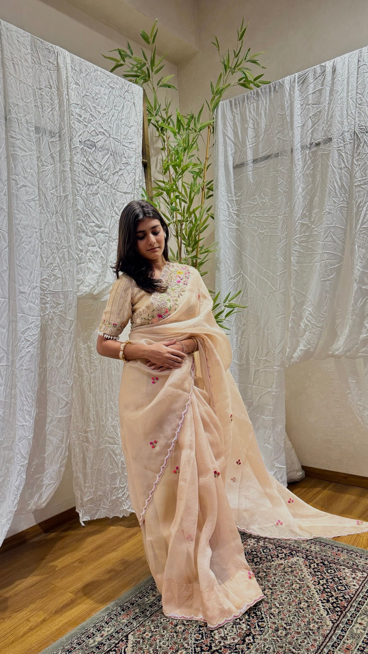 Lehenga-saree style, matching decoration to a paired set
