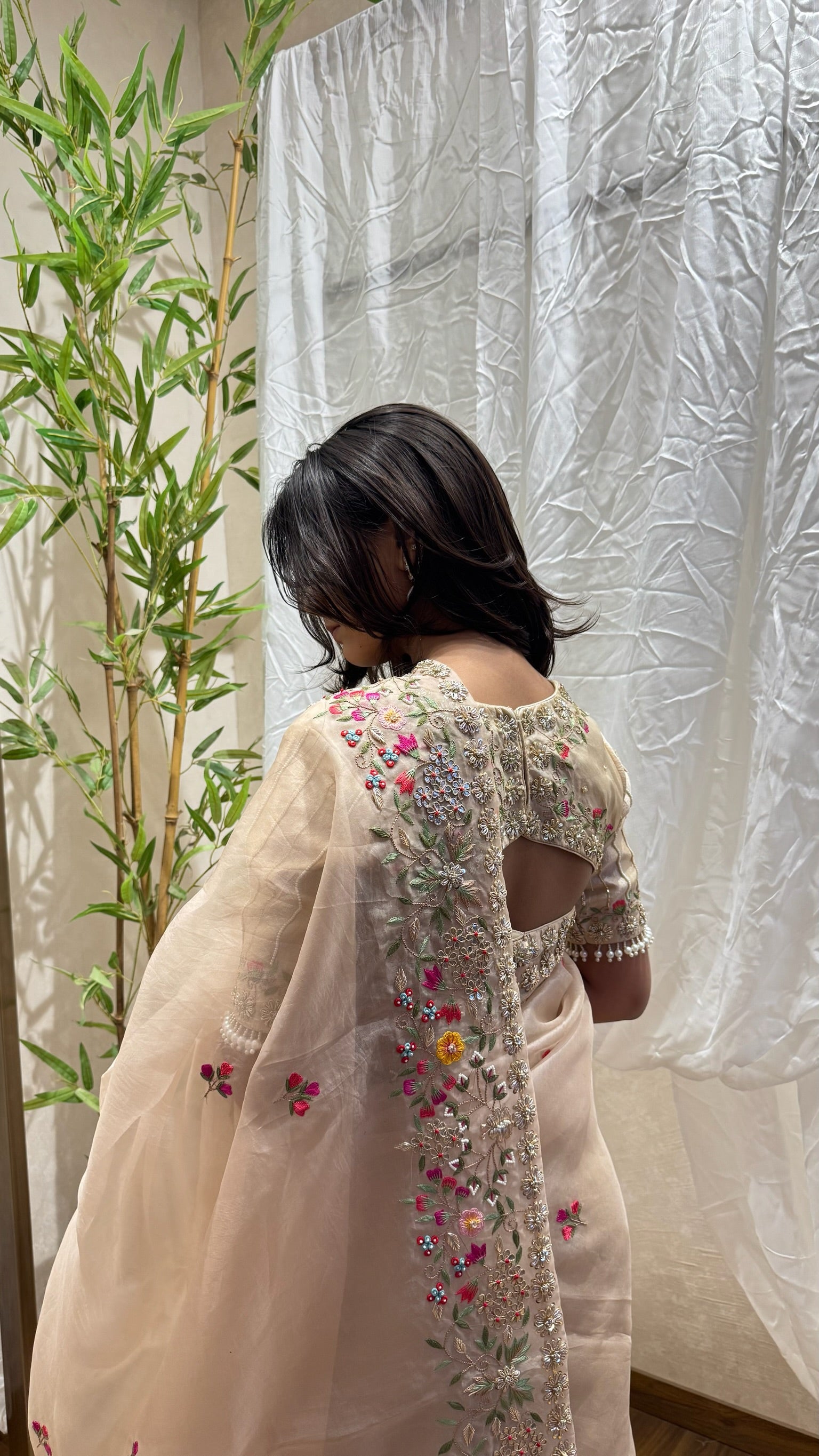 Lehenga-saree style, matching decoration to a paired set